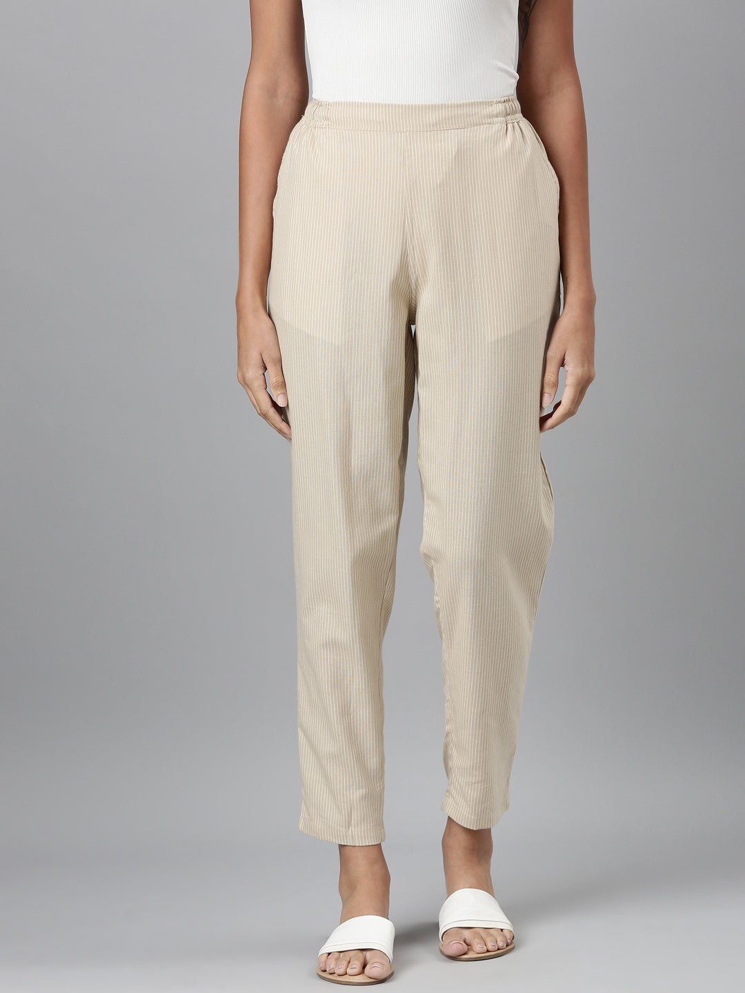 Women Beige Stripe Linen Pencil Pants