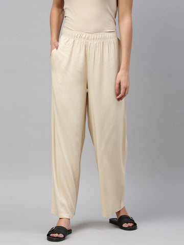 Women Solid Light Beige Woven Viscose Mid Rise Basic Palazzos