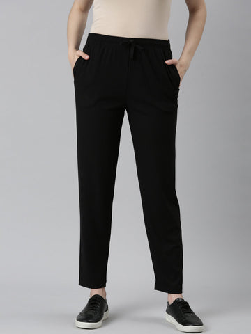 Women Solid Black Mid Rise Casual Rib Pants