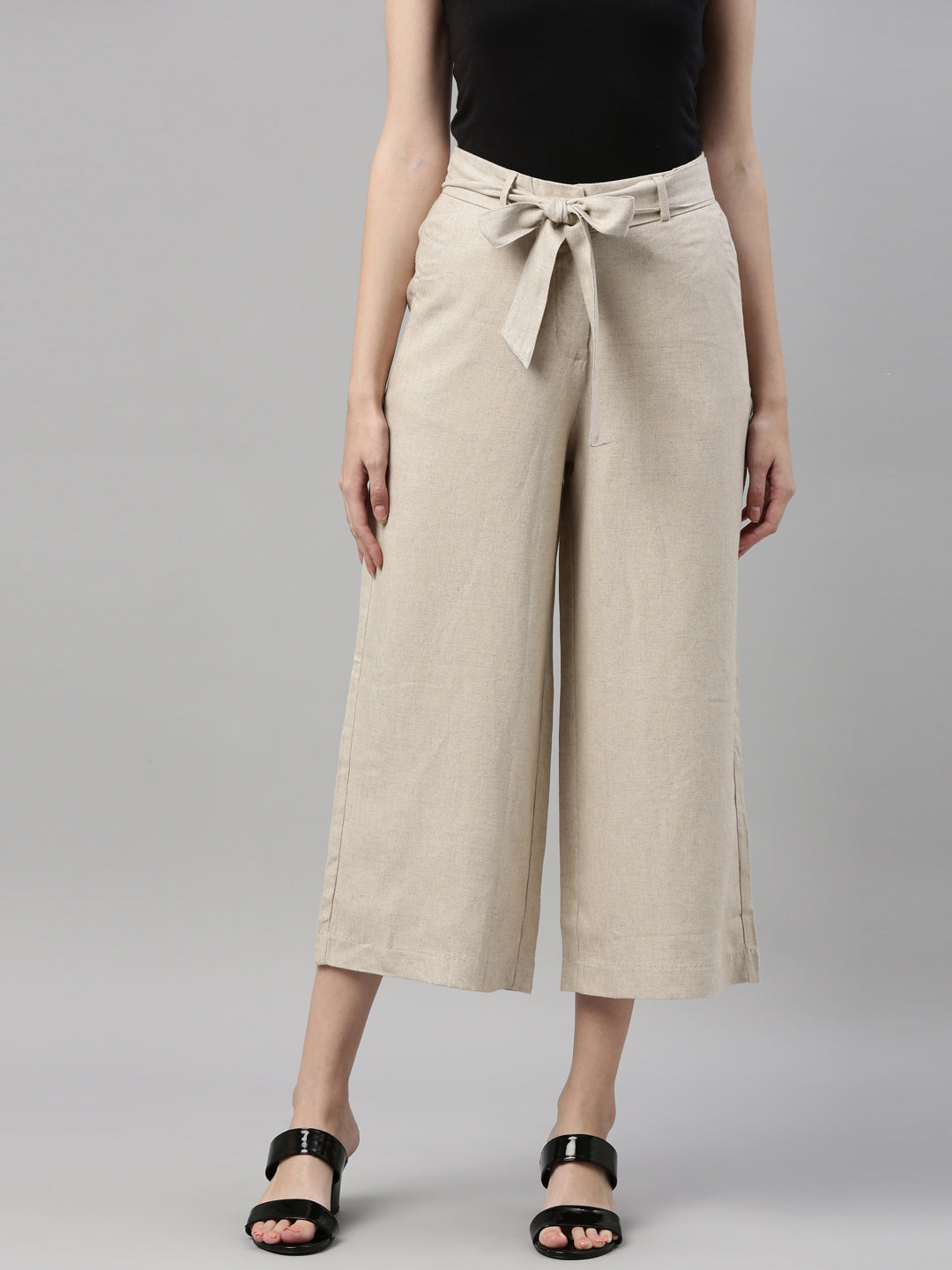 Women Solid Beige Linen Mid Rise Culottes