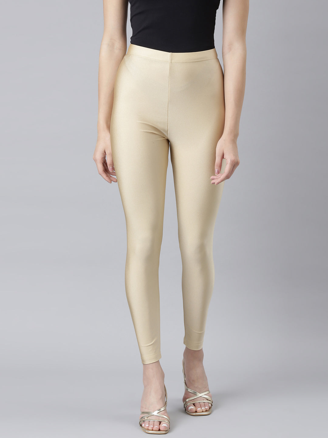 Women Solid Dark Cream Slim Fit Shimmer Leggings