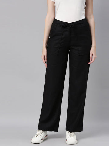 Women Solid Black Linen Cargo Pant