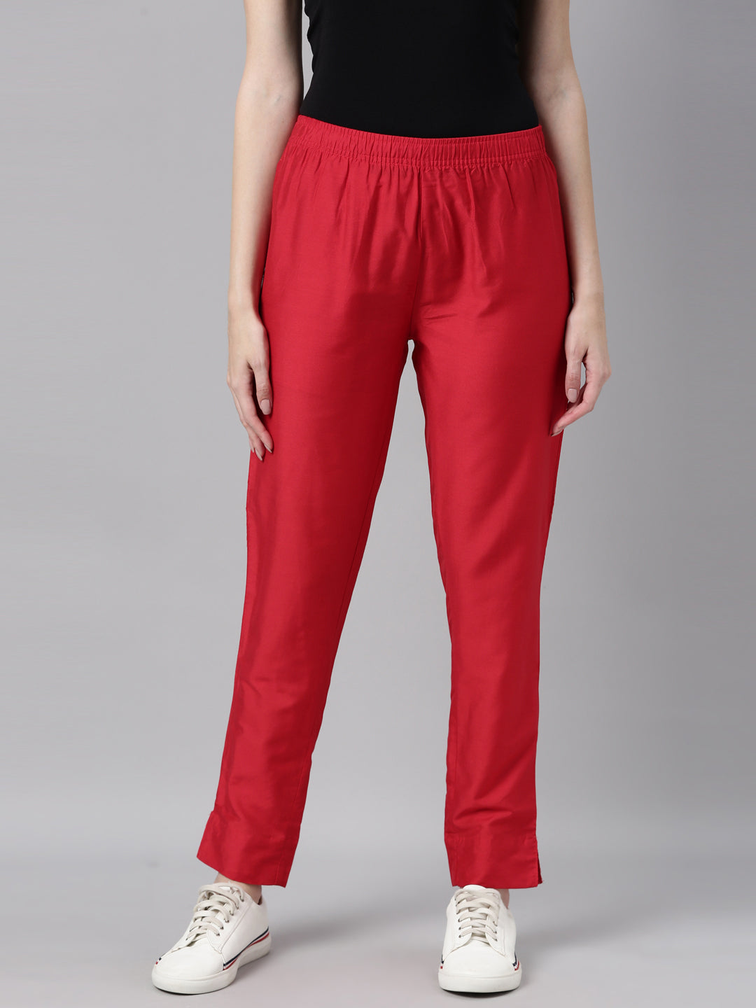 Women Cherry Red Solid Mid Rise Metallic Pants