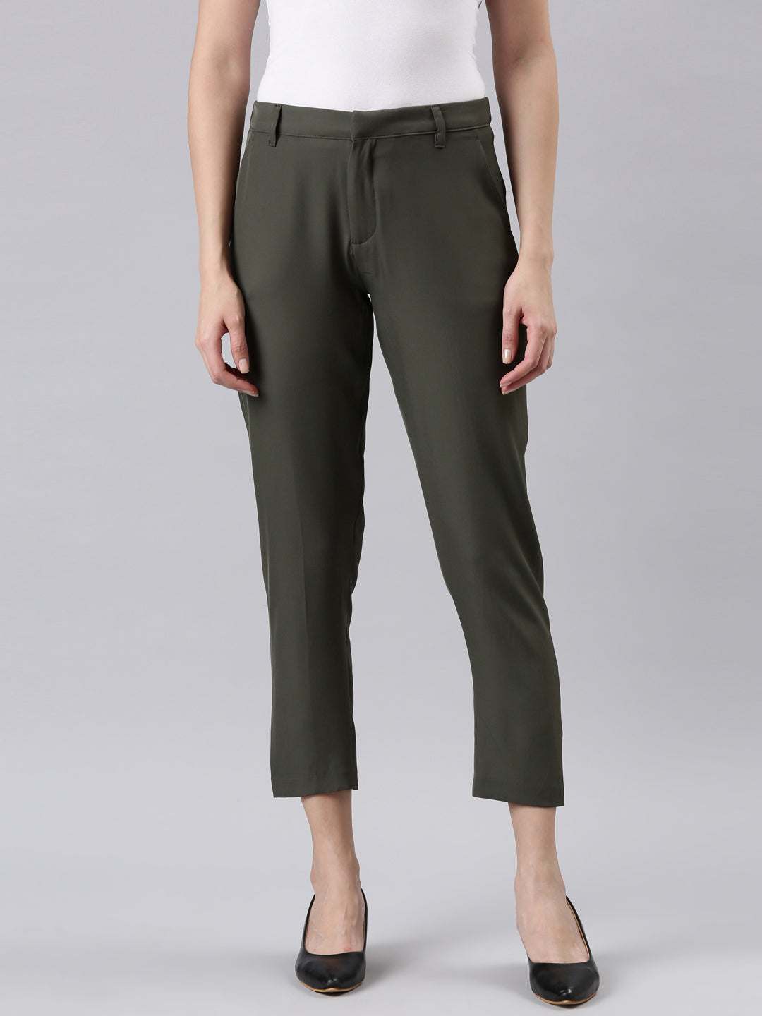 Women Solid Olive Green Crepe Pants