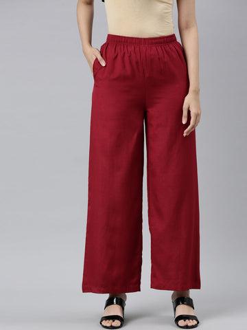 Women Light Maroon Solid Linen Palazzos