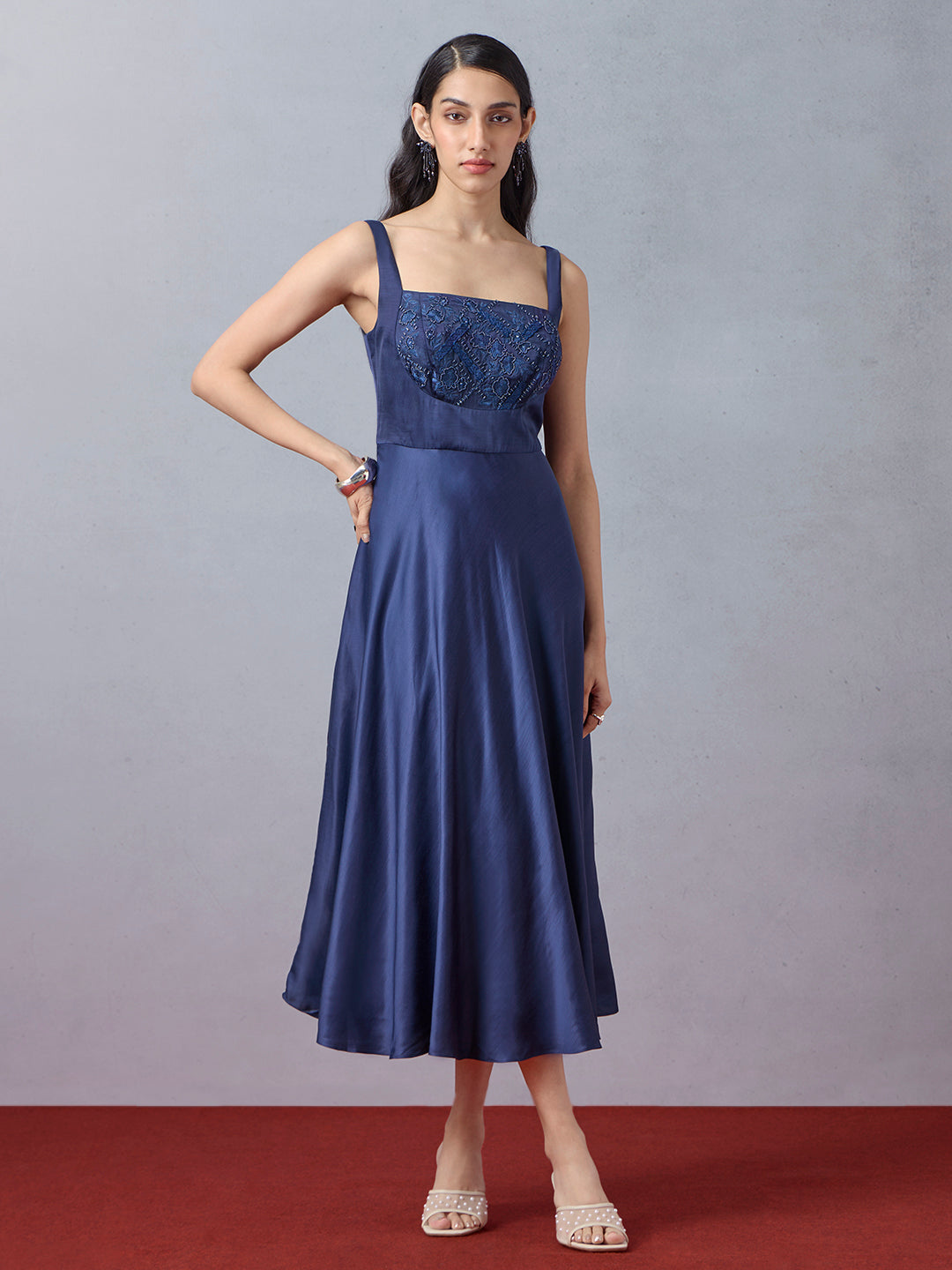 Embroidered Midi Dress - Blue