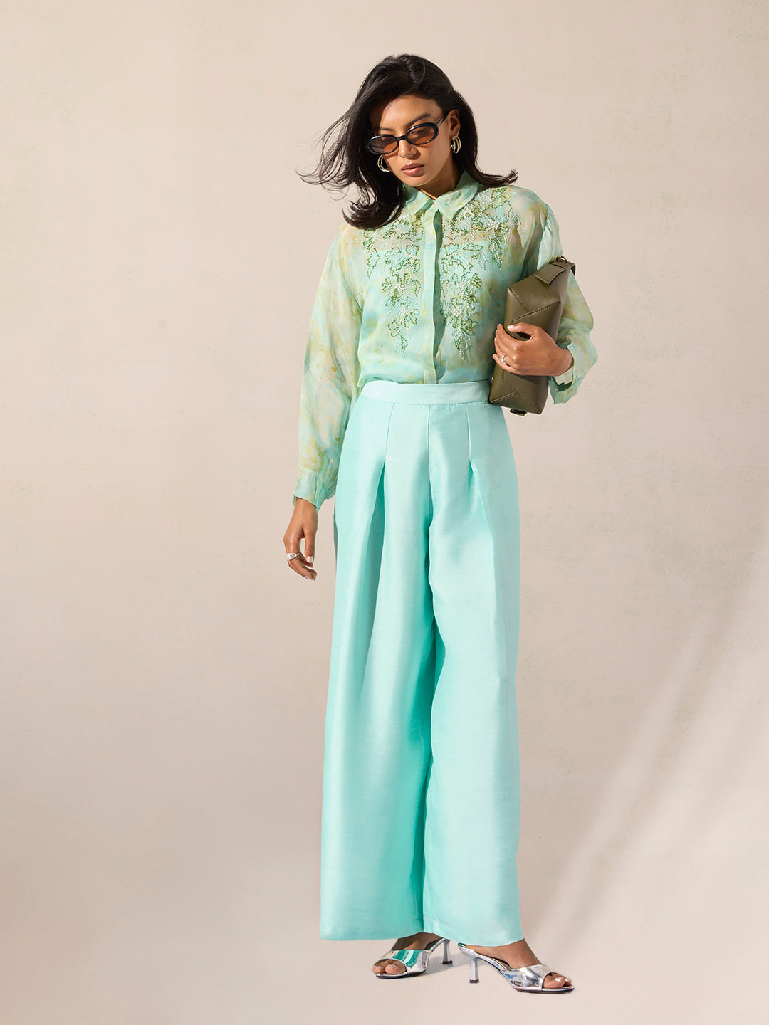 Blue Embellished Shirt with Camisole