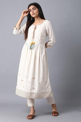 Ecru Round Neck Embroidered Dress