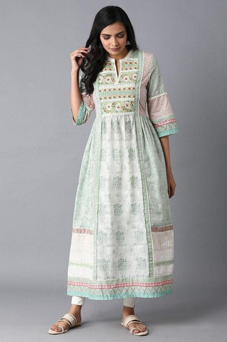 Smoke Green Mix Print Panelled Dress