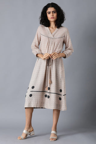 Beige V-Neck Printed Dress