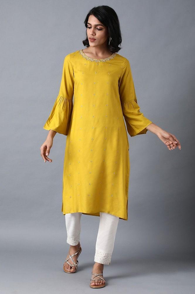 Yellow Round Neck Embellished kurta