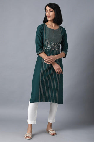 Dark Green Round Neck Embroidered kurta