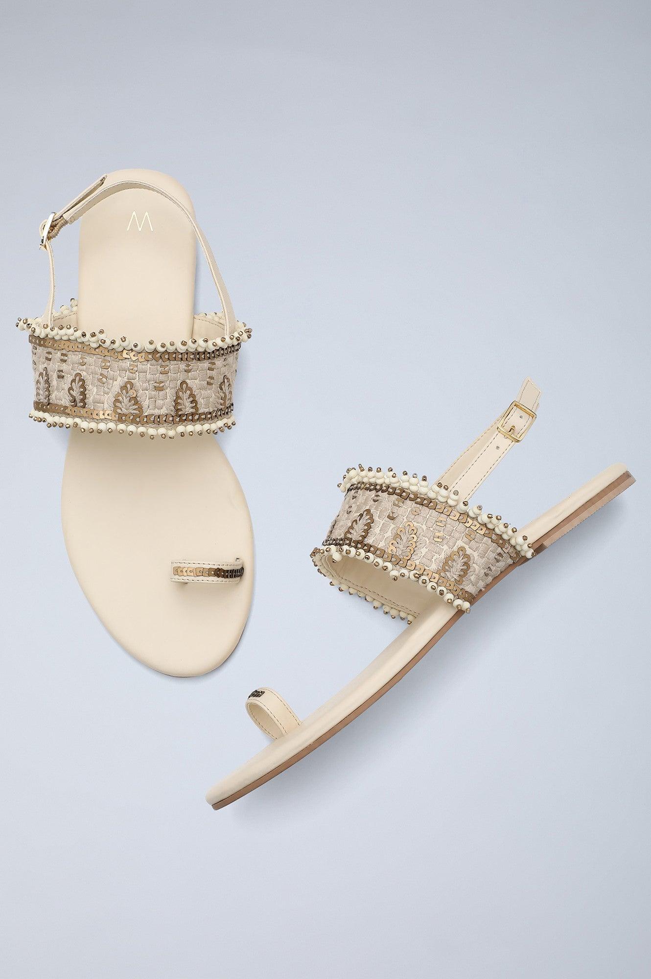 W Gold Embroidered Almond Toe Flat-WChiara