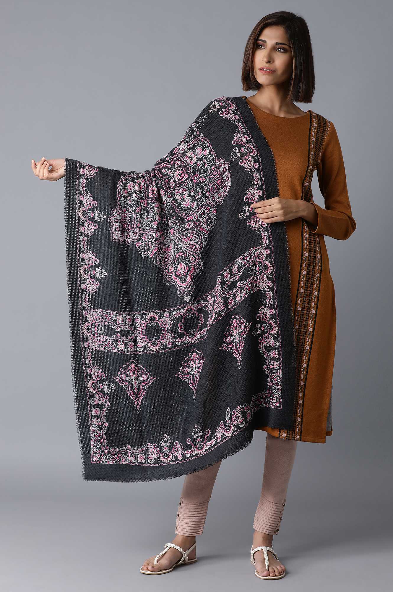 Grey Printed Woven Shawl