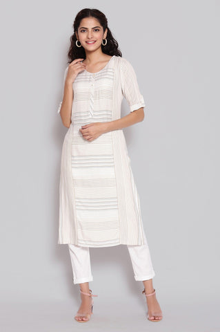 Beige Yarn-Dyed Geometric Print kurta