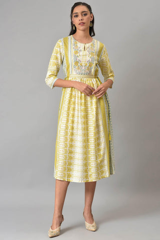 Ecru Gathered Dress With Soft Multi-Coloured Prints