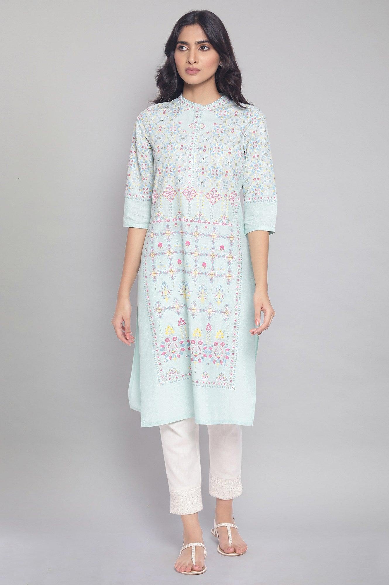 Light Green Printed kurta with Embroidery