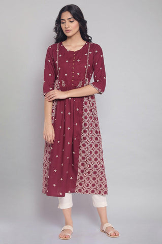 Maroon Flared Gathered Dress with Embroidery