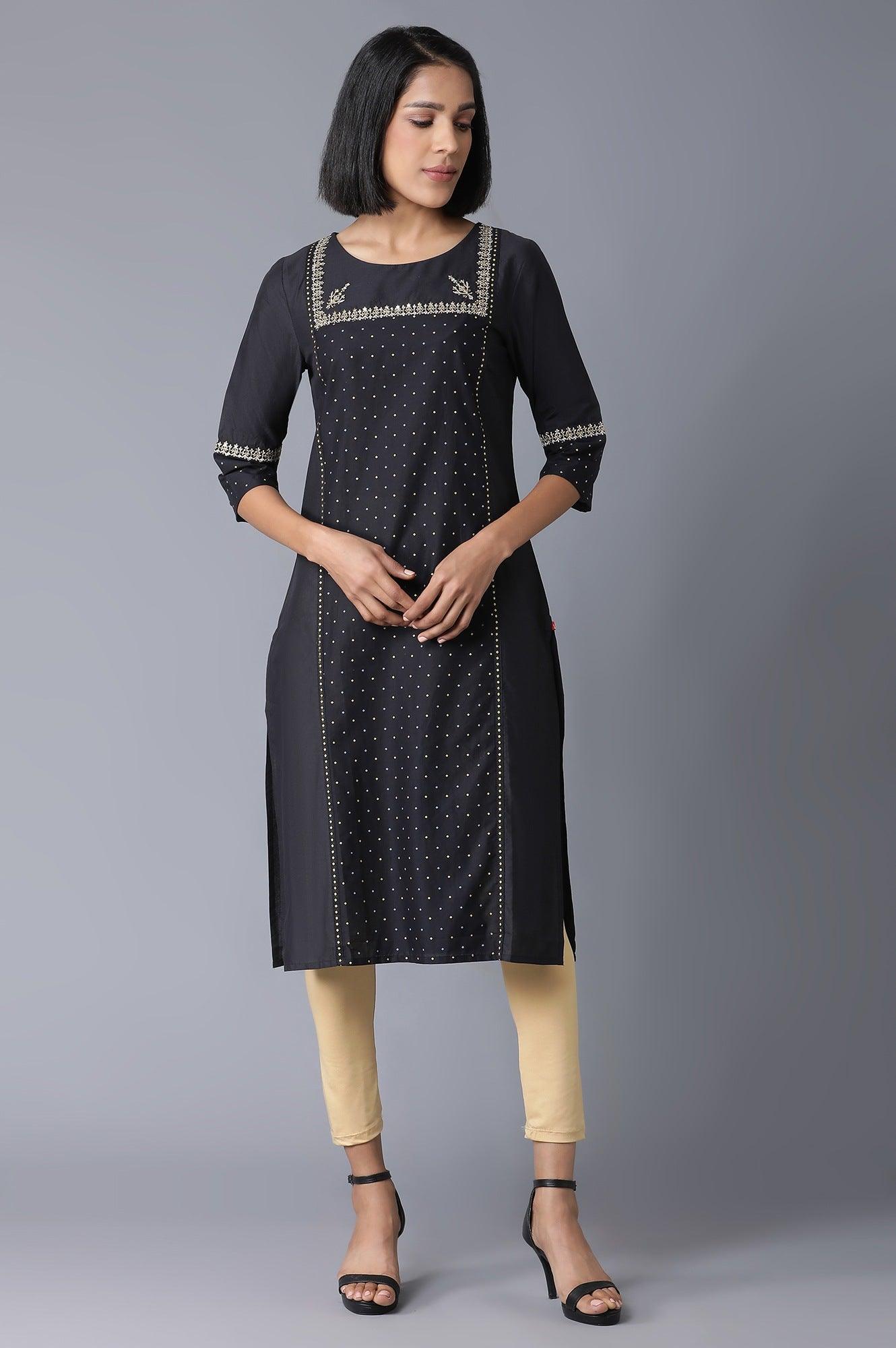 Black Polka Dots Printed Straight kurta