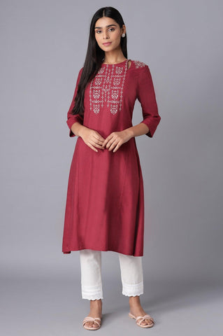 Maroon A-line kurta with Embroidery