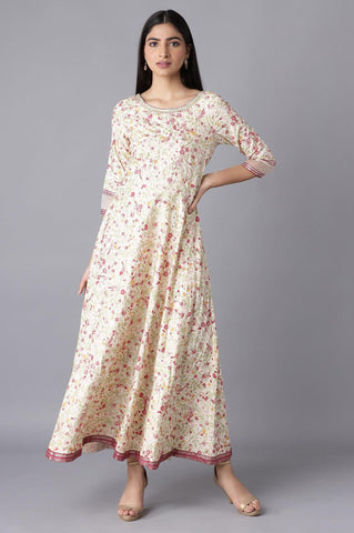 Ecru Printed Dress with Embroidery