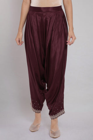 Wine Solid Draped Pants