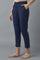 Navy Blue Solid Straight Fit Cotton Pants With Elasticated Waistband