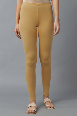 Beige Solid Skinny Fit Cotton Tights With Elasticated Waist