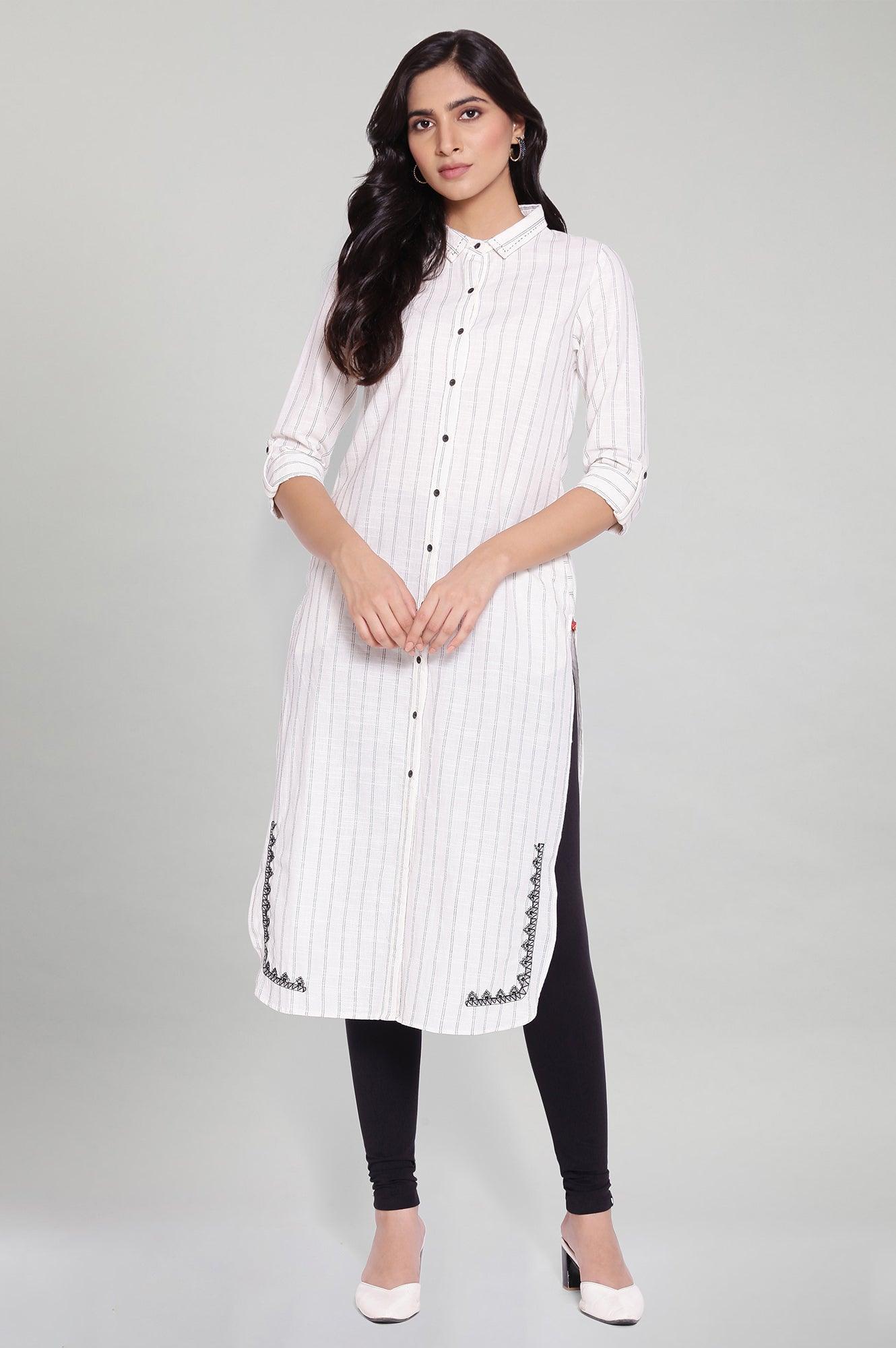 Ecru Striped Shirt Collar kurta