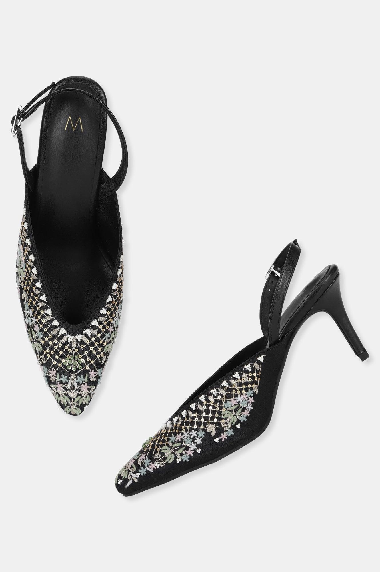 W Embroidered Black Pointed Toe Stiletto