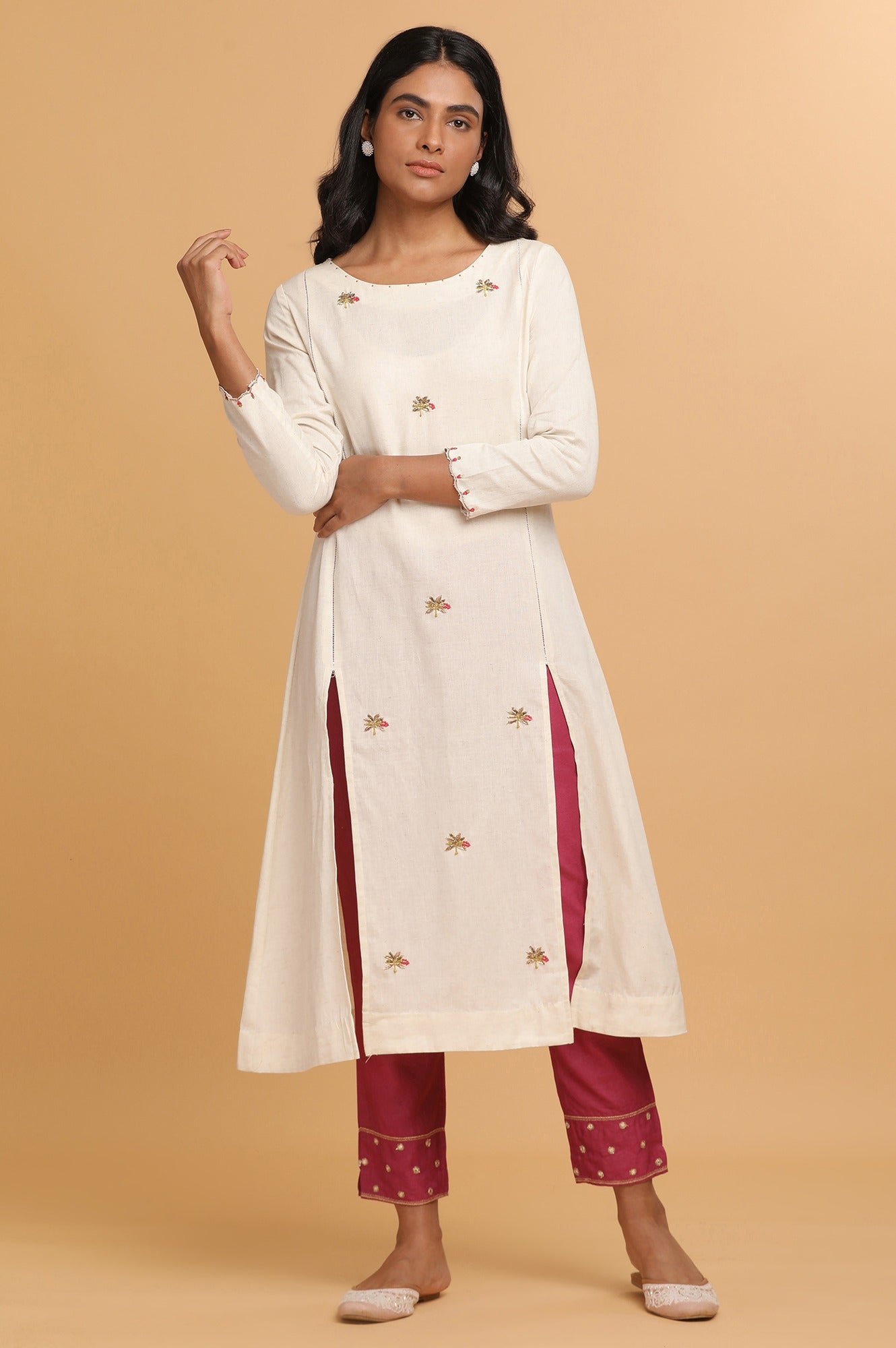 Natural Cotton Flax embroidered kurta