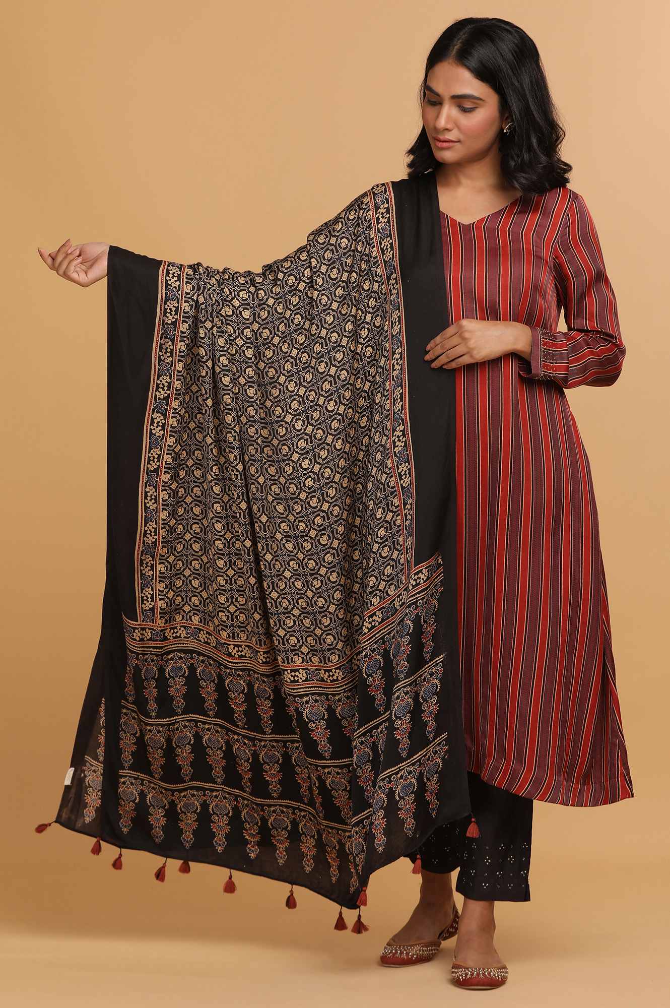 Black Geometric Ajrakh Printed Tasselled Modal Satin Dupatta