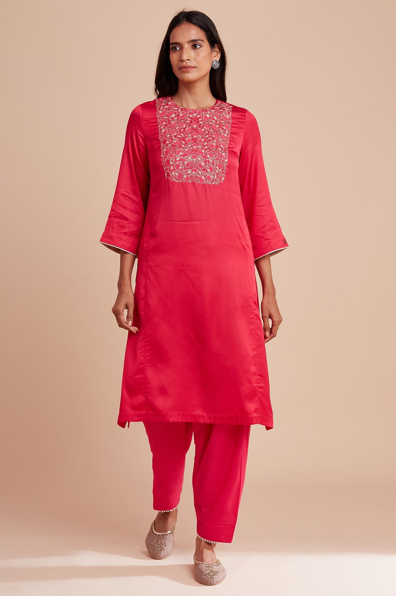 Pink Modal Satin Embroidered kurta