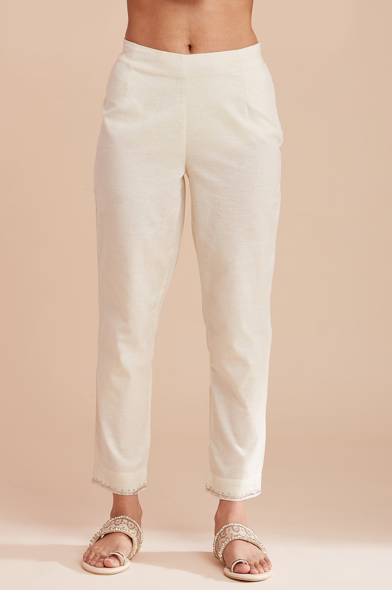 Ecru Solid Harit Khadi Slim Pants