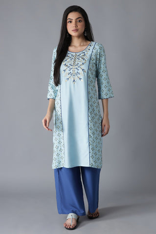 Blue Embroidered Panelled kurta Palazzos Set