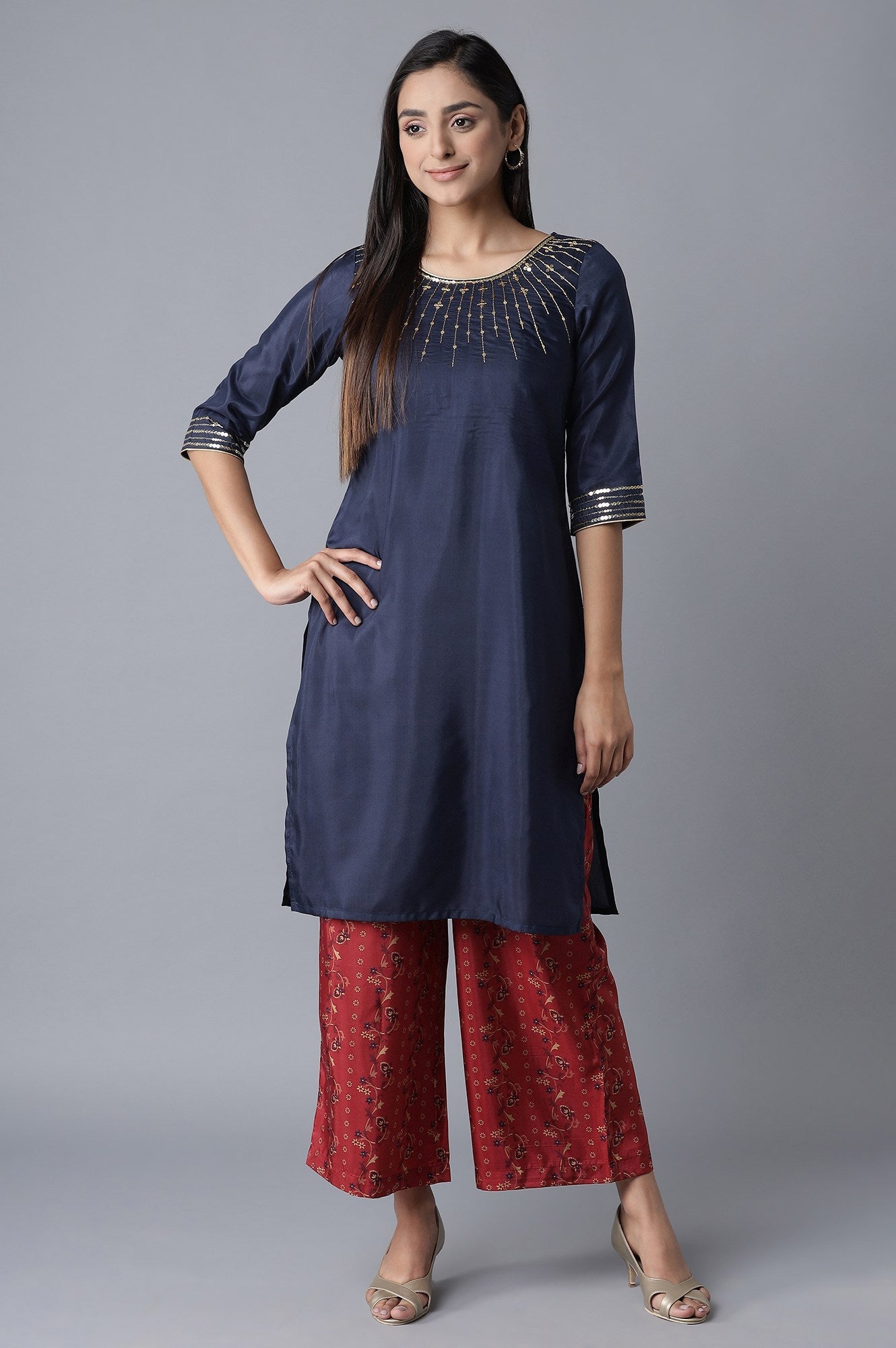 Blue Embroidered kurta-Red Palazzo Set
