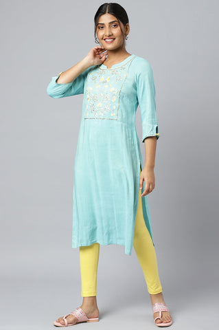 Blue Zari Embroidered Cotton Dobby kurta