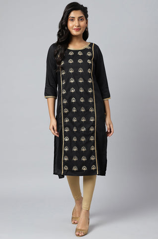 Black Zari Embroidered Ethnic LIVA kurta