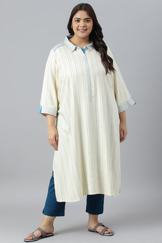 Beige Shirt Collar Stripe Print Plus Size kurta