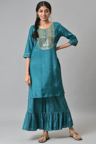 Blue Shantung LIVA Kurta with Gathered Sharara