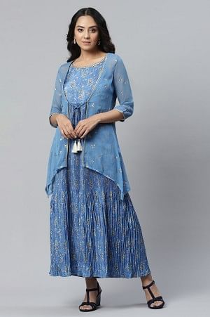 Blue A-line Gillet and Dress Set