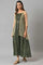 Biege Sequined Gillet with Strappy Green Printed Inner Dress