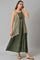 Biege Sequined Gillet with Strappy Green Printed Inner Dress