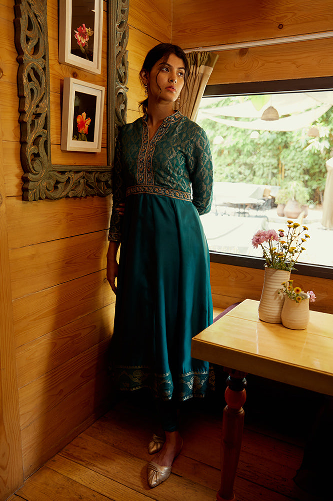 Teal Embroidered Anarkali Mughal Gown With Tights