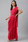 Coral Red Sleeveless Predrape Saree Dress With Belt And Tailored Jacket Set