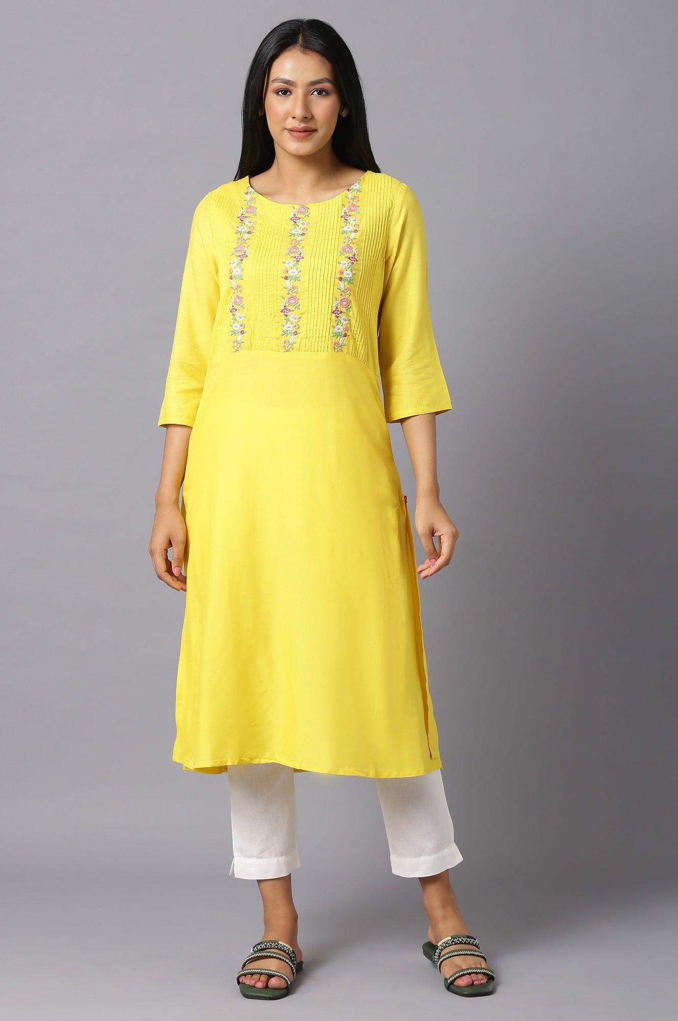 Yellow Embroidered kurta With Lace Trimming