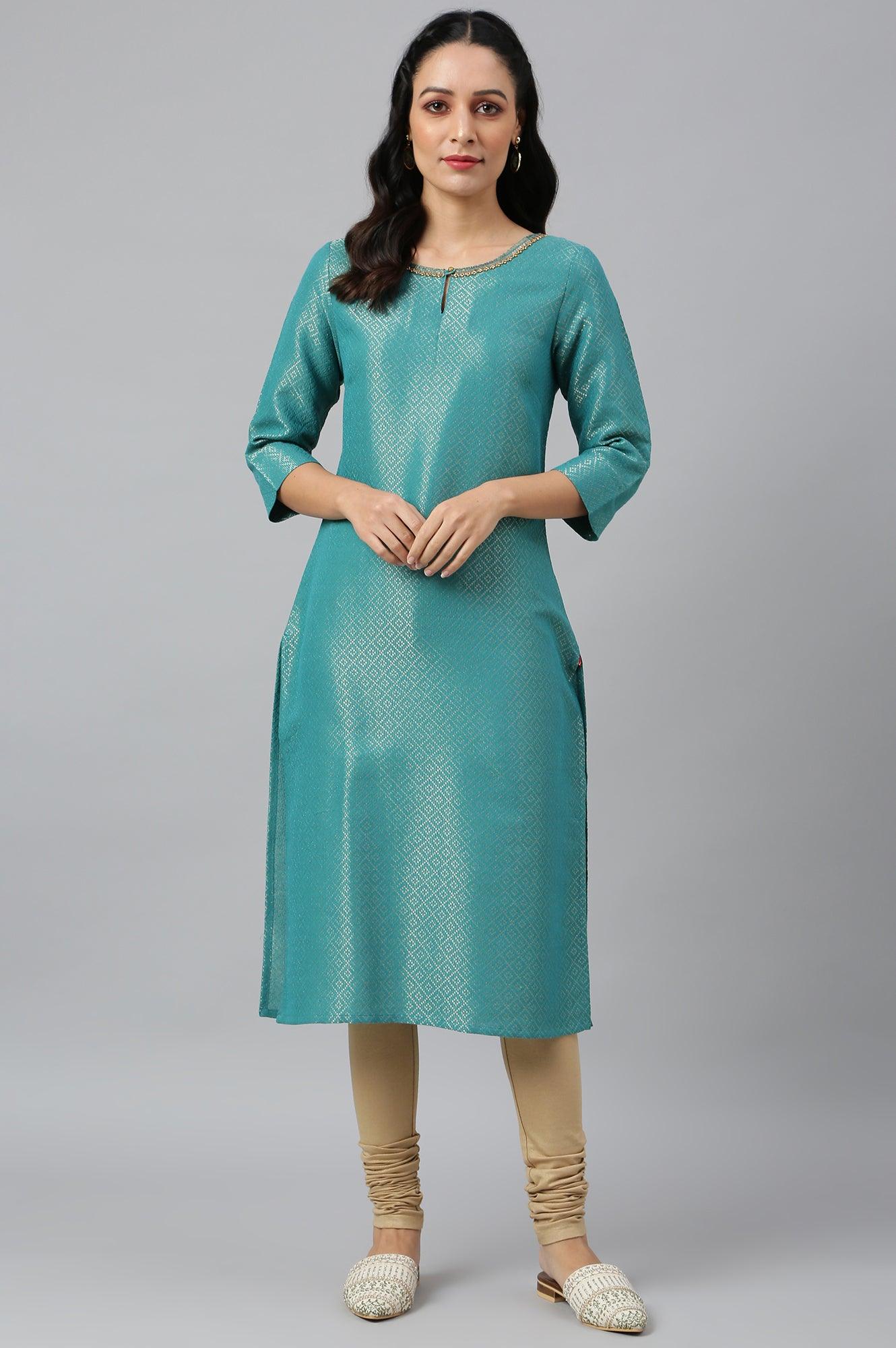 Teal Geometric Print Dobby kurta