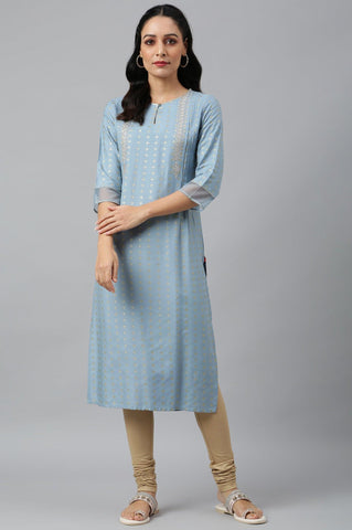 Sky Blue Glitter Printed kurta With Metallic Embroidery