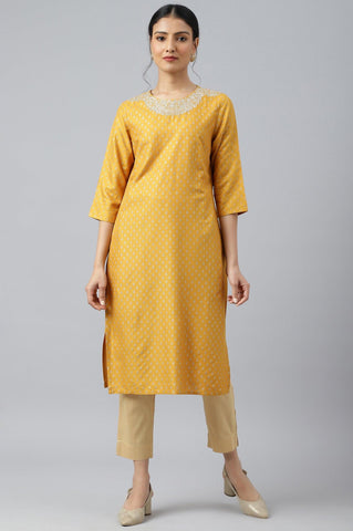 Mustard Printed kurta With Metallic Embroidery