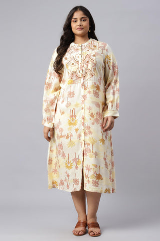 Plus Size Ecru Embroidered A-Line Shirt Dress